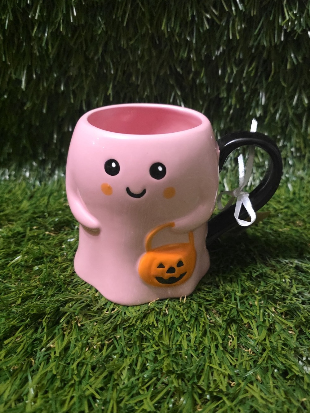 Pink Cute Ghost Mug with Pumpkin Handle Accent